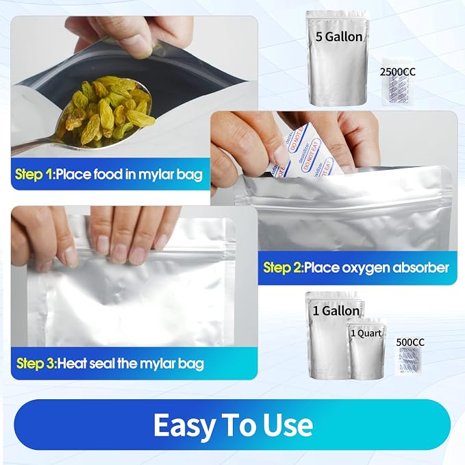 15 Mil 5 Gallon Mylar Bags for Food Storage with 2500cc Oxygen Absorbers - 55 Pack Mylar Bags Include 5 Gallon, 1 Gallon,1 Quart, 100 Pcs Labels and 500cc Oxygen Absorbers for Long Term Food Storage