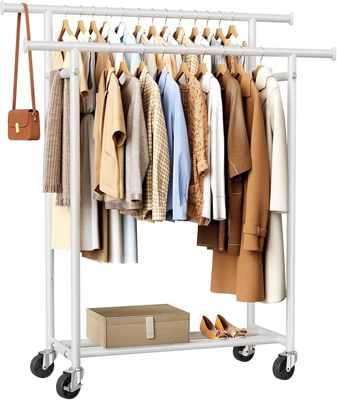 HYSEYY Clothes Rack, Double Rods Rolling Clothing Rack for Hanging Clothes, Portable Garment Rack with Wheels, Coat Rack Wardrobe Closet Load 240 LBS for Bedroom Laundry Room (White, L)