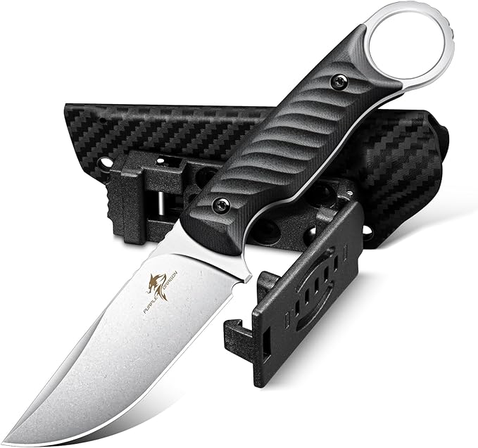 Purple Dragon Fixed Blade Knife with Kydex Sheath -Survival Knife Black | Forged from a Single Piece of D2 Steel, Full Tang G10 Handle, Gift Box, for Outoor Camping