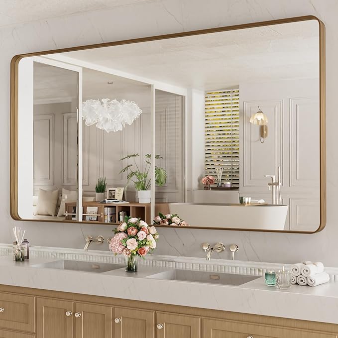 LOAAO 72X40 Inch Bathroom Mirror with Wood Grain Colored Metal Frame, Rounded Rectangle Metal Framed Bathroom Mirror, Anti-Rust, Hangs Horizontally or Vertically, Tempered Glass