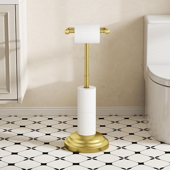 Bathroom Toilet Paper Holder Stand, Brushed Gold Toilet Paper Holder Free Standing, Stainless Steel Pivoting Toilet Tissue Roll Holder，Adjustable Height (14.76'' to 23.36'') Paper Holder