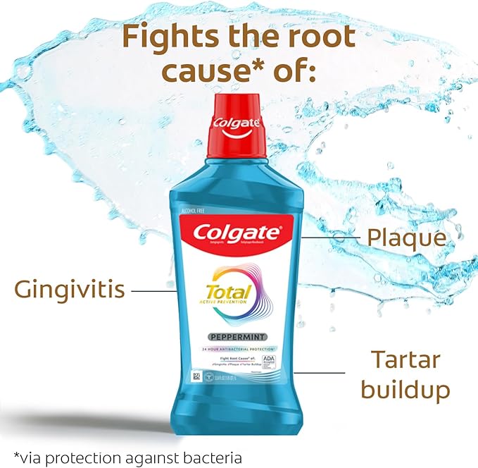 Colgate Total Pro-Shield Alcohol Free Mouthwash, Antibacterial Formula, Peppermint - 500 mL, 16.9 fluid ounce (6 Pack)