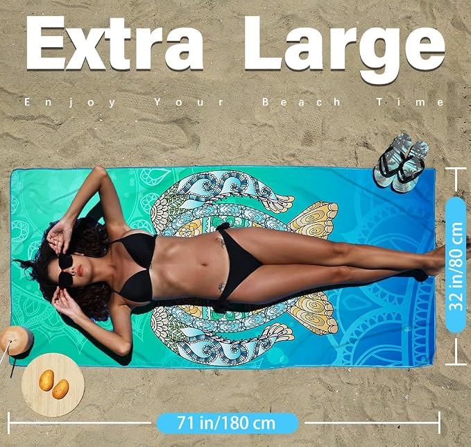Widdonen Microfiber Beach Towel,Compact 2 Pack-71x32 Inch with Bag Travel | Extra Large,Lightweight,Thin,Sand Free,Quick Dry,Absorbent.Packable for Camping,Swim,Pool,Bath,Picnic,Cruise Essentials Gift
