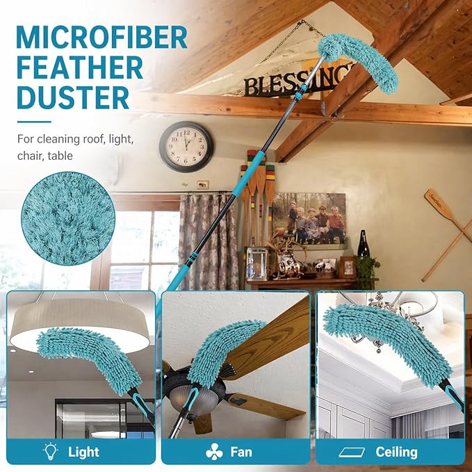 High Ceiling Duster Kit with 4-12FT Heavy Duty Extension Pole, Reaches Up to 20FT, Includes Microfiber Feather Duster, Cobweb and Ceiling Fan Duster, Window Squeegee Cleaner & Skylight Hook (12FT)