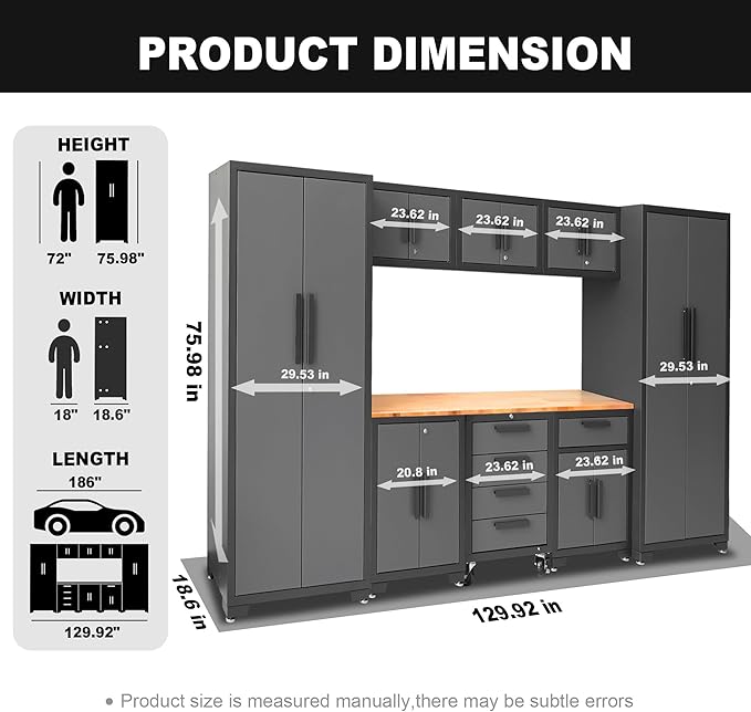 Torin Garage Storage Cabinets System, 9 Piece Workshop Cabinet Set in Black | Included Steel Drawers Rolling Chest,Locked Storage Cabinet, Perfect for Organizing Garage and Tools, 129.92", Black/Grey