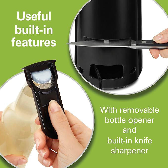 Hamilton Beach Smooth Touch Electric Can Opener With Easy Push Down Lever | Opens All Standard, Extra-Tall & Pop-Top Cans | Includes Bottle Opening Accessory | Built-In Knife Sharpener | Black | 76608