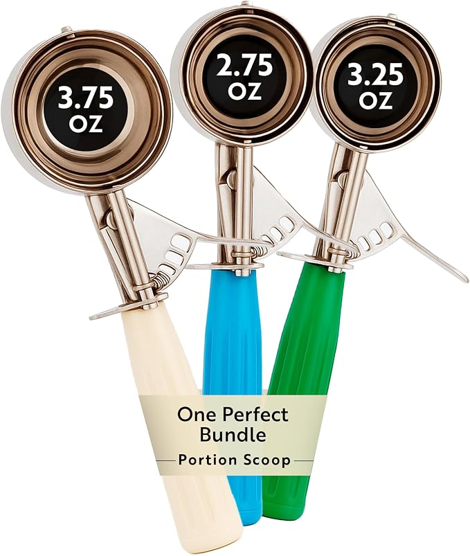 Restaurantware Bundle: 2.75/3.25/3.75 oz Portion Control Ice Cream Scoops, Trigger Release Dishers (Blue, Green, Ivory Handles) for Cookie Dough, Baking, Cupcake Batter