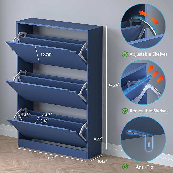 BORNOON Shoe Cabinet with 3 Flip Drawers, Hidden Wood Shoe Cabinet,Freestanding Shoe Storage Cabinet for Entryway Hallway. 47.2" H*31.5" W*9.45" D