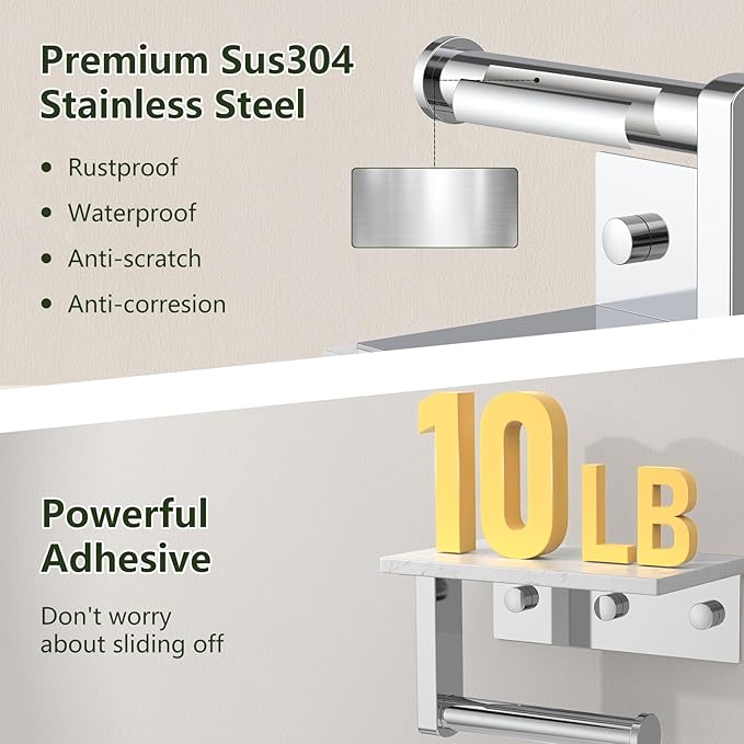 Marble Toilet Paper Holder with Shelf, Evolvegoods Chrome Bathroom Toilet Paper Holder Wall Mount, 304 Stainless Steel Modern Toilet Paper Roll Holder Storage Tissue Holder