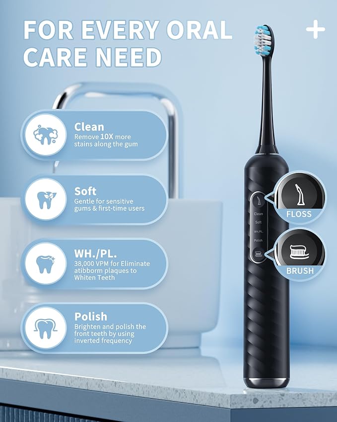 Electric Toothbrush with Water Flosser - 2 in 1 Teeth Cleaning Kit, Electric Toothbrush and flosser Combo with 3 Cleaning Modes, Portable Water flosser Design for Home & Travel (Black)
