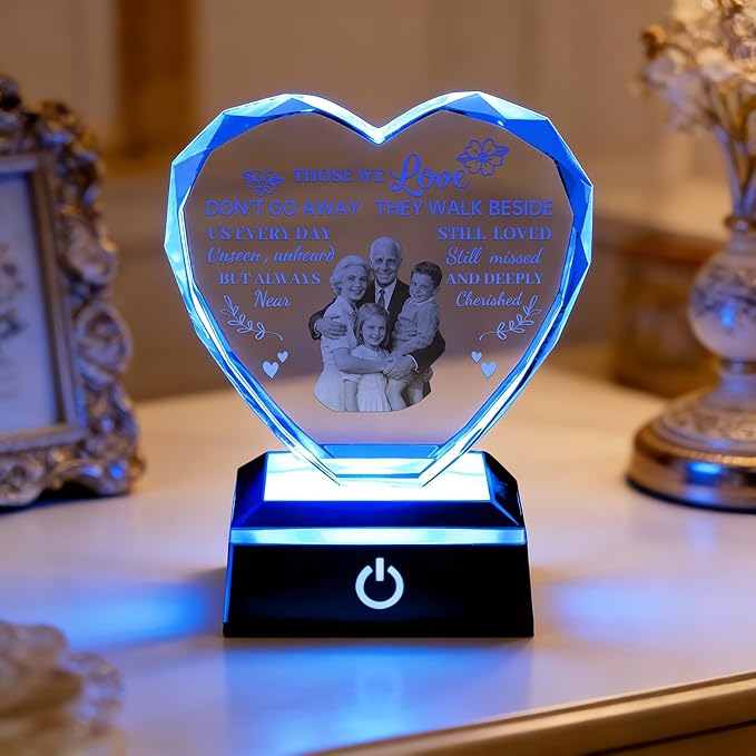 ZHSHWAT Personalized Photo Heart-Shaped Crystal Memorial Night Light - Sympathy Gift for Loss of Loved One, Bereavement Remembrance Decor for Desk, Nightstand, Funeral