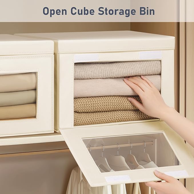 DIMJ Storage Bins with Lids - 4 Pack Large Fabric Closet Organizer with Window & Handles, Collapsible Decorative Storage Boxes for Shelves Under Bed, Books Clothes Blankets Sweaters Organization