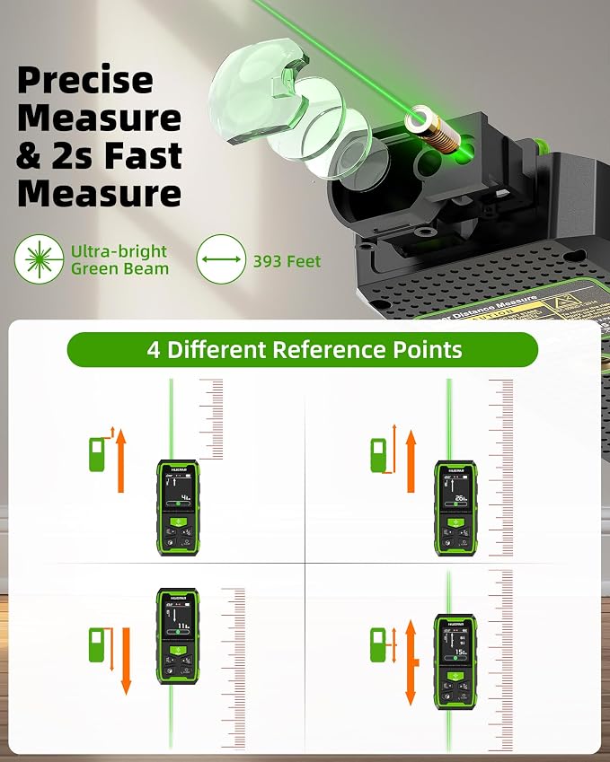 Huepar Dual Laser Measuring Tool, Fathers Day Dad Gifts, 393Ft Green-Beam Bilateral Digital Laser Distance Measure 6-Unit Ft/In/M, Rechargeable Laser Measurement Tool-Backlit LCD Display, Angle Sensor