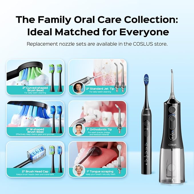 COSLUS C51C30 Water Flosser Electric Toothbrush Combo, 2-1 Oral Clean Kit | Portable Brushing & Flossing for Teeth & Braces Cleaning, Multiple Modes for Family Use, Cordless for Home & Travel, Black