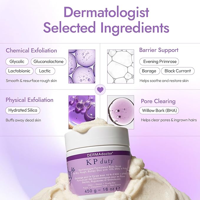 DERMAdoctor KP Bump Eraser Body Scrub with 10% AHAs + PHAs for Keratosis Pilaris, Dry, Rough, and Bumpy Skin, Dermatologist Formulated Exfoliating Body Scrub with Glycolic and Lactic acids - 16 Fl oz