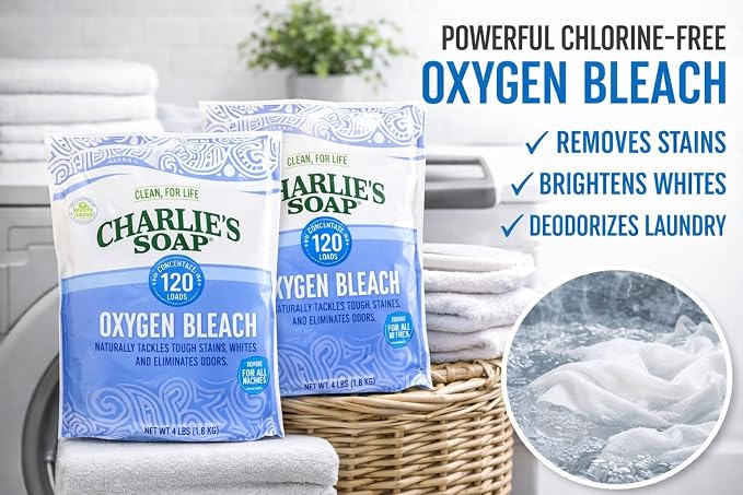 Charlie’s Soap Oxygen Bleach Powder for Laundry & Household Cleaning, Color-Safe & Chlorine-Free Stain Remover, 4 lb Bags (120 Loads Each), 2 Pack