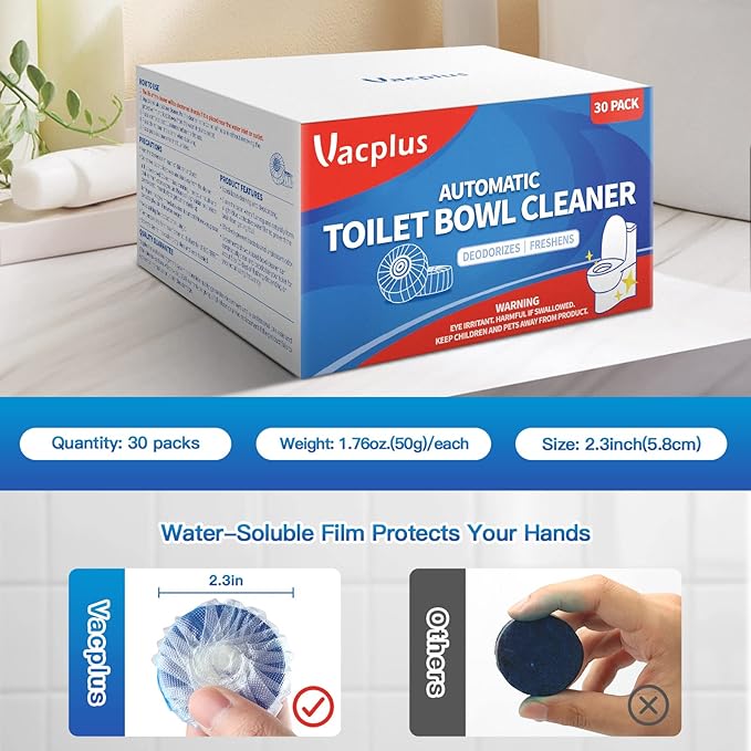 Vacplus Automatic Toilet Bowl Cleaner Tablets, Drop-In Tank Cleaner for Bathroom, Prevent Stains & Deodorize, Long-Lasting Cleaning Tabs, Easy-Use Freshener for Bowl & Tank, 30 Pack