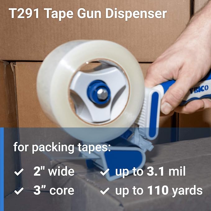 IDL Packaging T291 Tape Gun Dispenser for 2" Tapes, Safe Blade, Rubber Roller, Blue Metal Frame, Comfy Rubber Grip (Pack of 1)