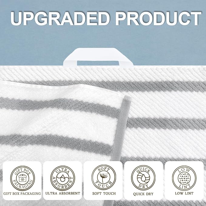 VOOVA & MOVAS Stripe 3PC Towel Set, 100% Cotton, Grey | 1 Stripe Large Bath 30x54 In,1 White Hand 18x28 In,1 Grey Washcloth 13x13 In, Quick Dry, Thick, Dorm Room Essentials