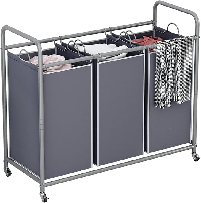 LINZINAR 3 Section Laundry Hamper, Grey Laundry Basket, 135L Laundry Sorter | Laundry Room Organization with Heavy Duty Rolling Lockable Wheels and Removable Bag, Bedroom Laundry Cart for Clothes Storage