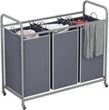 LINZINAR 3 Section Laundry Hamper, Grey Laundry Basket, 135L Laundry Sorter | Laundry Room Organization with Heavy Duty Rolling Lockable Wheels and Removable Bag, Bedroom Laundry Cart for Clothes Storage