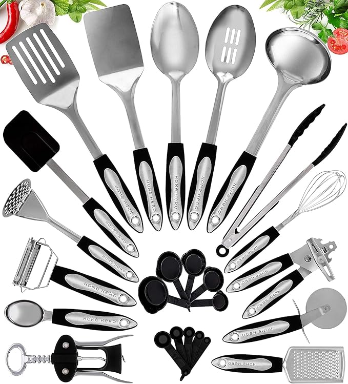 Home Hero Stainless Steel Kitchen Utensils Set - Heat-Resistant Silicone & Nonstick Tools - Durable Stainless Steel Kitchen Gadgets - Complete Kit Measuring Cups & Spoons - 41-Piece Set