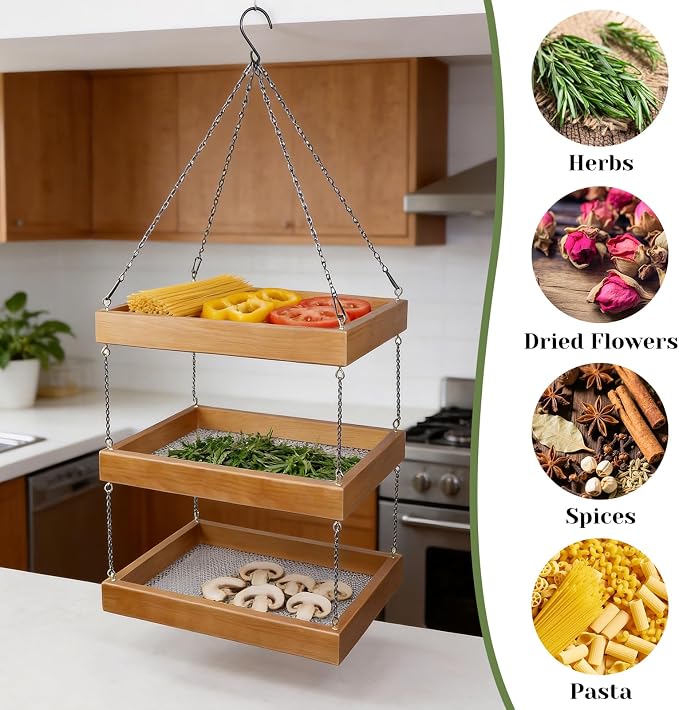 15.7"x11.8" 3-Tier Hanging Herb Drying Rack, Wooden Floral Drying Screen | Vertical Storage Dryer. Ideal For Kitchen, Balcony & Grow Tent, Dried Herbs & Blooms, Practical Gift For Home Gardeners