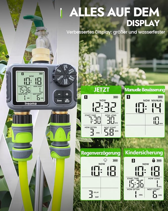 Insoma 2-Zone Sprinkler Timer Brass Inlet/Outlet, Water Hose Timer with Auto/Manual Modes + Rain Delay | Big LCD Dispay | Hose Timers for Garden, Yard Lawn, IPX5 Waterproof & Save Water