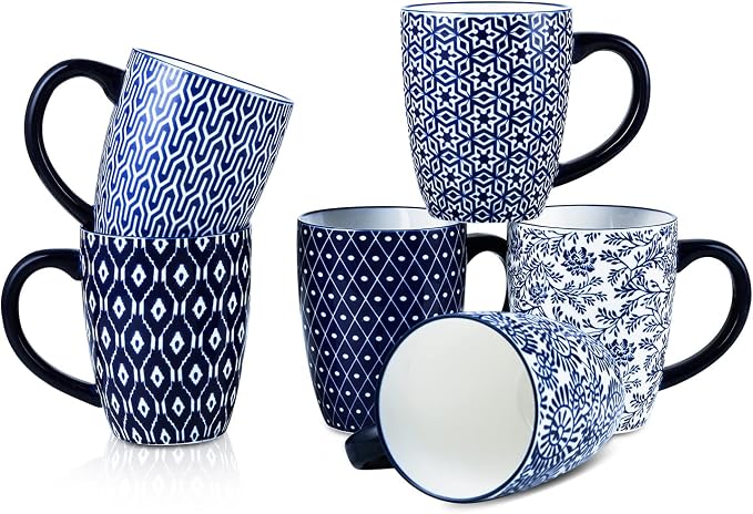 Selamica 16 oz Ceramic Coffee Mugs Set of 6, Ceramic Tea Cup with Handle, Dishwasher oven microwave safe, Vintage Blue
