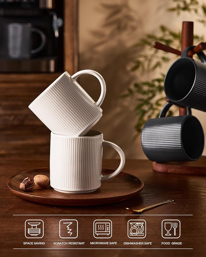 famiware Coffee Mug Set for 4, Star 16 oz Catering Mugs Cup Set with Handle for Coffee, Tea, Cocoa, Milk - Ceramic Stoneware Drinkware Set, Matte White + Matte Black