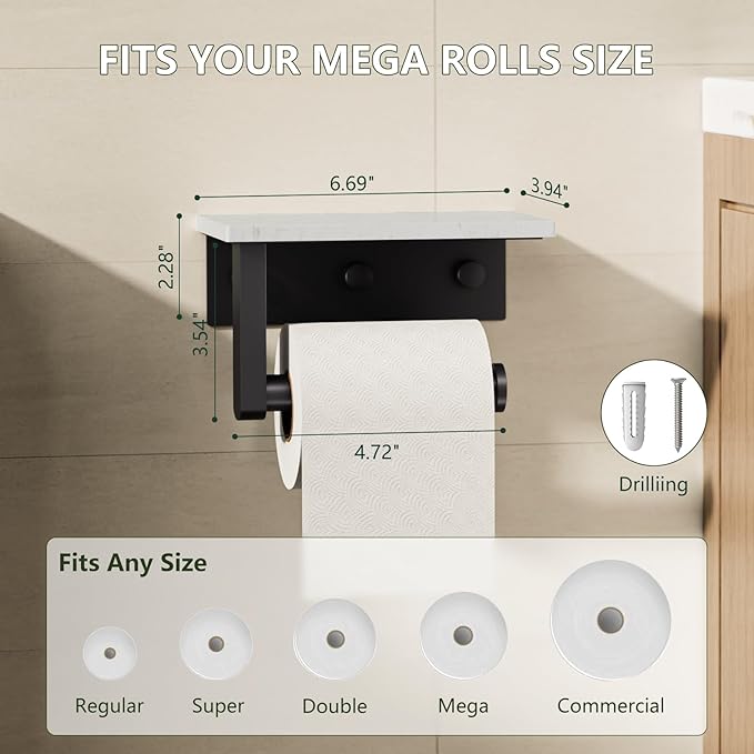 Marble Toilet Paper Holder with Shelf, Evolvegoods Matte Black Bathroom Toilet Paper Holder Wall Mount, 304 Stainless Steel Modern Toilet Paper Roll Holder Storage Tissue Holder