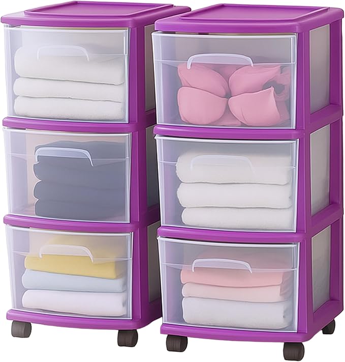 HOMZ 2-Pack Drawer Tower, 3-Tier Clear Plastic Storage Organizer Cart, Purple Frame - Organizing Containers with Wheels for Home, Bathroom, Bedroom, Office, and Classroom