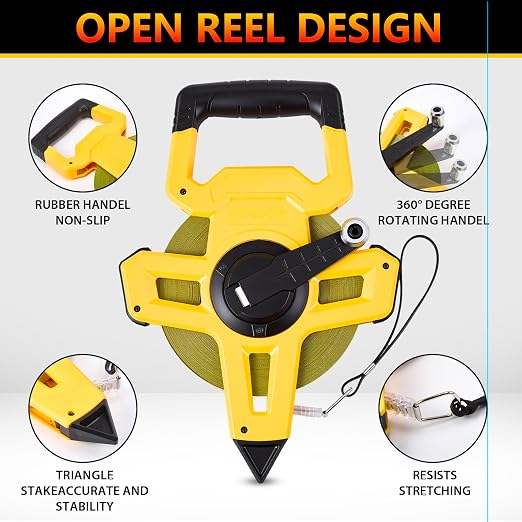 200ft/61m Open Reel Long Tape Measure, 1/2" Nylon-Coated Steel Blade, Dual Inch/Metric Scales, ABS Impact-Resistant Case for Construction, Surveying, Yellow