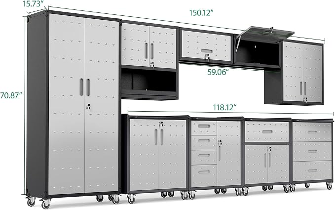 9-Piece Heavy Duty Steel Garage Cabinet System | All-in-One Modular Garage Cabinet Set for Ultimate Workshop Organization | Easy Assembly Garage Storage Cabinets & Tool Bench