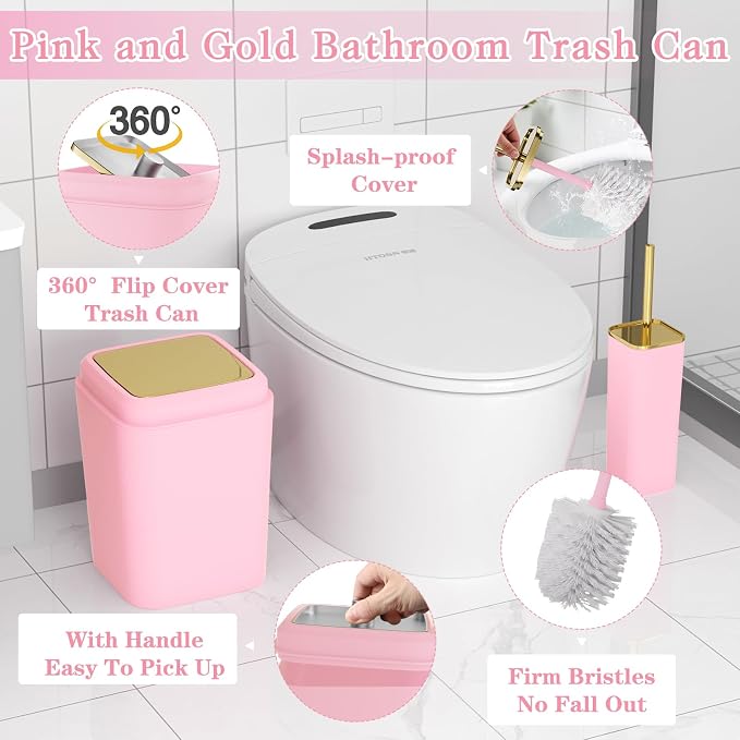 XLHOMO Bathroom Set, 9PC Bathroom Accessory Set, Pink Bathroom Accessories, Pink Bathroom Set, Trash Can, Soap Dispenser for Home Decor