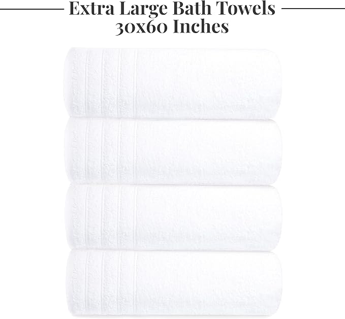 Tens Towels 4 Piece Extra Large Bath Towels 30 x 60 Inches, White | 100% Cotton, Larger & Lighter Weight, Quicker to Dry, Super Soft and Absorbent, Perfect for Bathroom