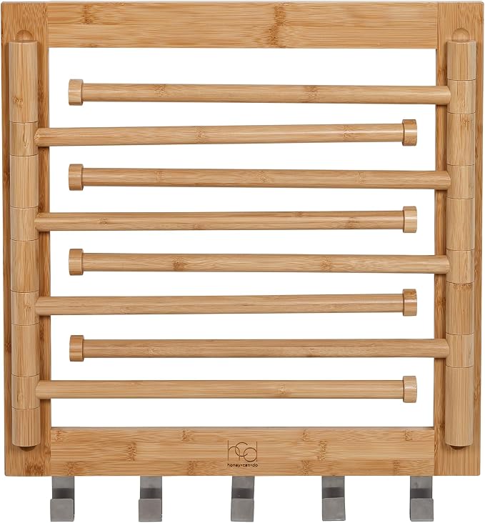 Honey-Can-Do Bamboo Wall-Mount Swivel-Arm Drying Rack, 80 lb, Natural | Wall-mount bamboo rack with 8 swivel arms holds 80 lb; folds to 1.7 in deep. Ships assembled with 5 steel hooks.