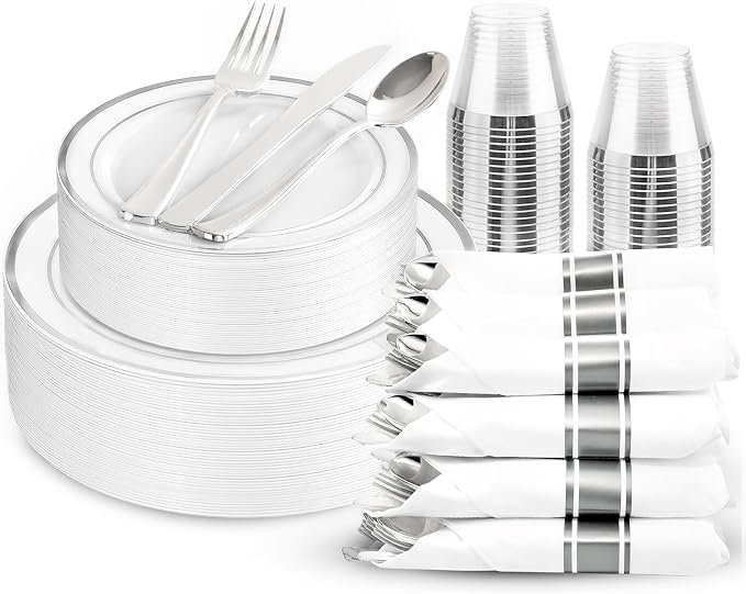 WDF Partyware 175PCS Sliver Plastic Plates - Silver Plates Disposable - White Plate with Silver Trim 25Guests Plastic Dinnerware Sets with Rolled Napkins for Wedding Baby Shower Spring Birthday