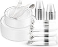 WDF Partyware 175PCS Sliver Plastic Plates - Silver Plates Disposable - White Plate with Silver Trim 25Guests Plastic Dinnerware Sets with Rolled Napkins for Wedding Baby Shower Spring Birthday