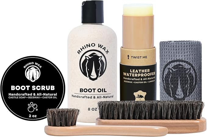 Leather Boot Care Kit - Made in USA (Not China) - Boot Oil, Waterproofer, Cleaning Scrub for Boots (Like Saddle Soap), Brushes and Cloth - Do NOT use Mink Oil (Love Animals) - All Natural Ingredients