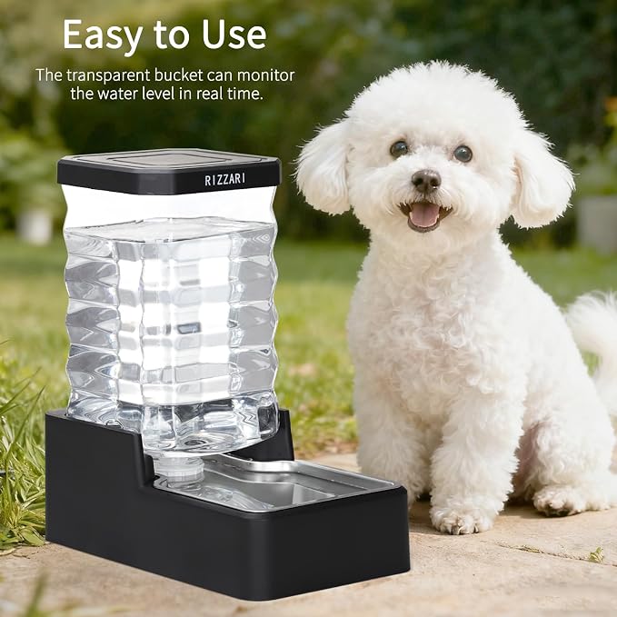 RIZZARI 8L Gravity Dog Water Dispenser:Easy Care No Filter Design | Low Maintenance Design/Gravity Water Flow /Easy Refill/Stainless Steel Drinking Bowl/Indoor Home Use