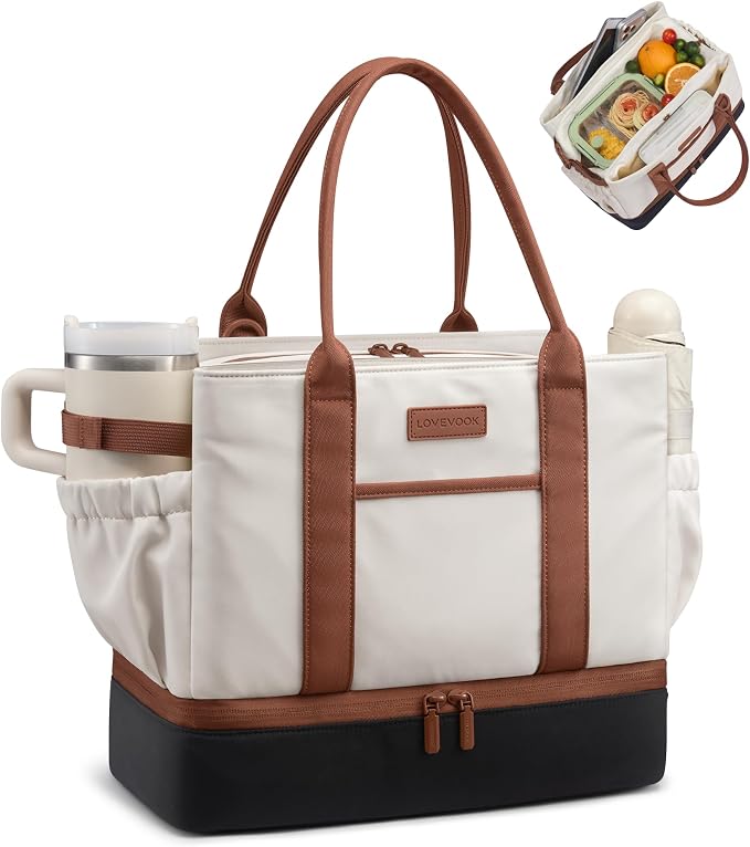 LOVEVOOK Insulated Lunch Bag Women with Triple Compartments & Bottle Holder | Double Deck Lunch Box,Reusable Lunch Tote for Everyday Family Meal Prep,Leakproof Cooler Bag for Work Picnic College,16L