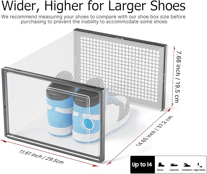 Kuject XXX-Large Shoe Storage Boxes Organizers Clear Plastic Stackable 12 Pack, Shoe Rack & Holder Substitute, Sneaker Containers, Toy Storage Organizer Bins for,Closet, Under Bed, Black(No Fold Line)