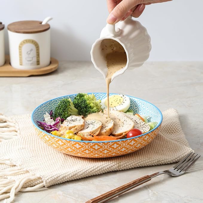 Selamica Ceramic Pasta Bowls Set 34 OZ, Large Salad & Dinner Bowls 8.6 Inch, Wide Shallow & Deep Plates for Pasta Soup, Microwave & Dishwasher Safe, Set of 6, Assorted Colors