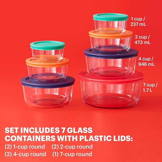 Pyrex Simply Store (7-Pack) Glass Food Storage Containers Set, (1, 2, 4 & 7 Cup) Meal Prep Containers With Plastic BPA-Free Lids, Dishwasher & Microwave Safe | Meal prep containers (1, 2, 4 & 7 cup) with BPA-free plastic lids, microwave & dishwasher safe
