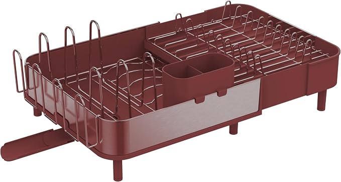 Expandable Dish Drying Rack, Versatile Brackets for Pots & Pans, Space Saving Kitchen Drying Rack, Dish Racks for Kitchen Counter, Stainless Steel Dish Drainers with Extendable Spout, Red