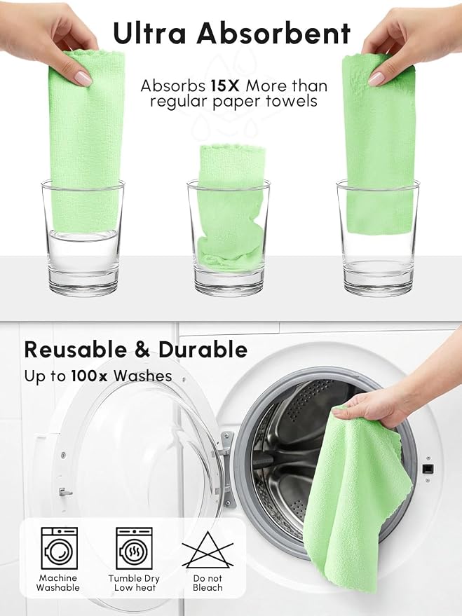 Microfiber Cleaning Cloths Roll, 75 Pack Tear Away Microfiber Towels Roll, 12" x 12" Lint Free Rags, Reusable Cleaning Cloths, Washable, Scratch Free,Ultra Absorbent Dish Rags(Green)