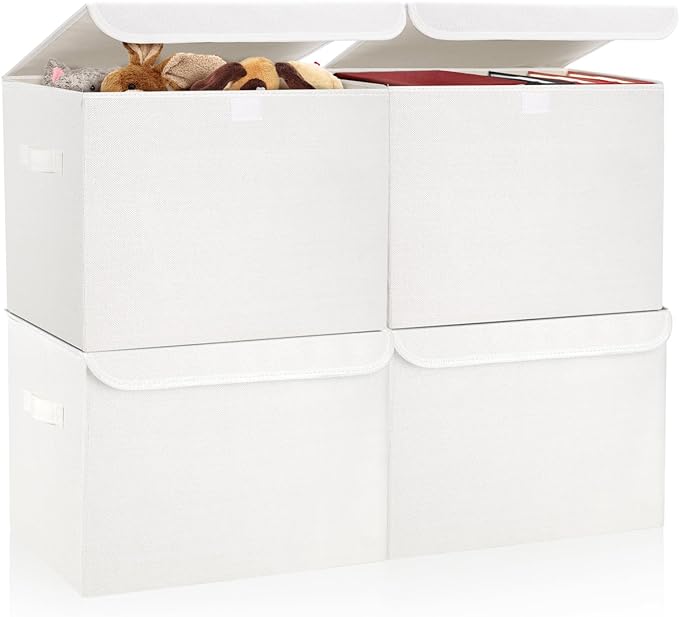Bagnizer Large 22 Quart Linen Fabric Foldable Storage Bin Cube Organizer Basket with Flip-Top Lid & Handles, Clothes Blanket Box for Home, Office, Closet, White, 4 Pack 14.6 x 9.5 x 9.5”