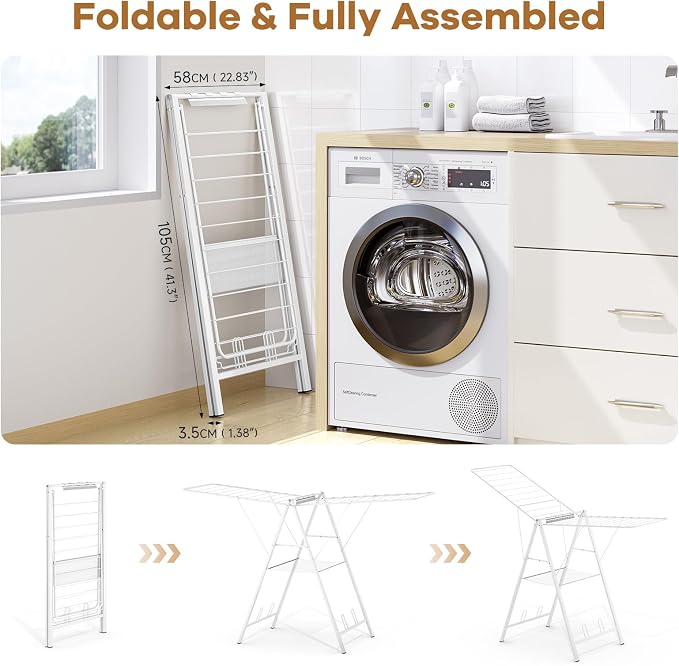 6 Height Adjustable Clothes Drying Rack with Shoe Slots, White | Pre-Assembled, Stable Load Structure, 22 Drying Rails, Foldable Space-Saving For Efficient Indoor & Outdoor Airflow Drying