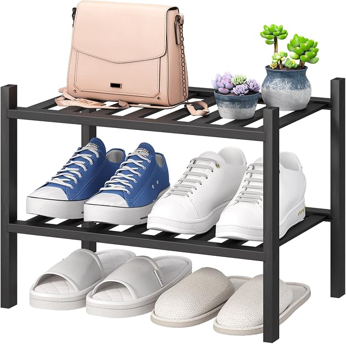 viewcare Black Small Shoe Rack for Entryway,2-Tier Bamboo Shoe Organizer for Hallway Closet, Free Standing Shoe Racks for Indoor Outdoor